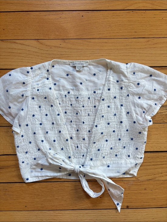American Eagle Outfitters Tops - American Eagle Outfitters White Crop Tie-Front Top with Blue Polka Dots